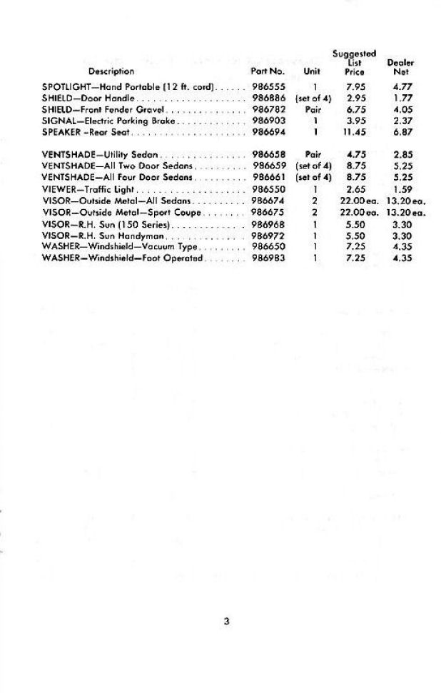 1954 Chevrolet Accessories Price List Page 3